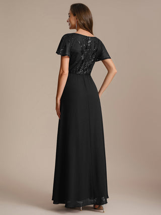 Short Sleeve Ruffle A-Line Maxi Dress with Deep V-Neck Appliques; Mother of the Bride Dresses