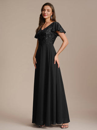 Short Sleeve Ruffle A-Line Maxi Dress with Deep V-Neck Appliques; Mother of the Bride Dresses