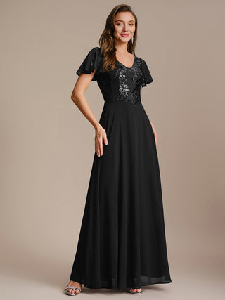 Short Sleeve Ruffle A-Line Maxi Dress with Deep V-Neck Appliques; Mother of the Bride Dresses
