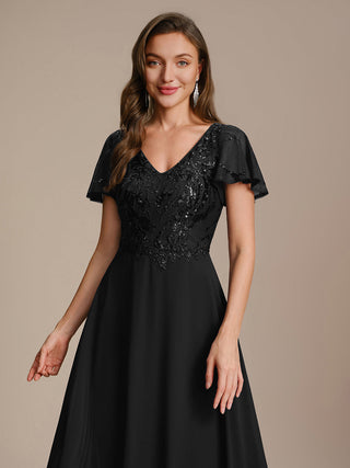 Short Sleeve Ruffle A-Line Maxi Dress with Deep V-Neck Appliques; Mother of the Bride Dresses