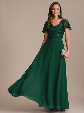 Short Sleeve Ruffle A-Line Maxi Dress with Deep V-Neck Appliques; Mother of the Bride Dresses