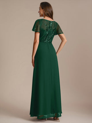 Short Sleeve Ruffle A-Line Maxi Dress with Deep V-Neck Appliques; Mother of the Bride Dresses
