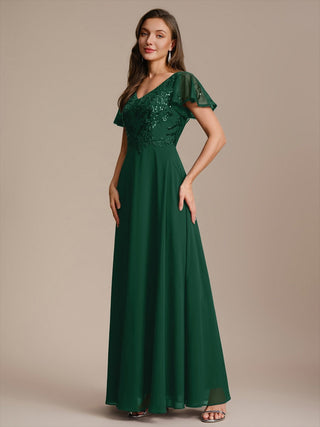 Short Sleeve Ruffle A-Line Maxi Dress with Deep V-Neck Appliques; Mother of the Bride Dresses