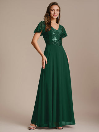 Short Sleeve Ruffle A-Line Maxi Dress with Deep V-Neck Appliques; Mother of the Bride Dresses