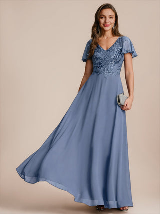 Short Sleeve Ruffle A-Line Maxi Dress with Deep V-Neck Appliques; Mother of the Bride Dresses