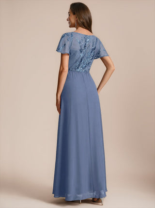 Short Sleeve Ruffle A-Line Maxi Dress with Deep V-Neck Appliques; Mother of the Bride Dresses
