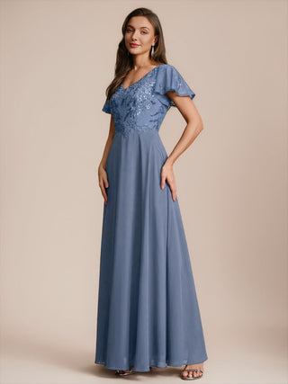 Short Sleeve Ruffle A-Line Maxi Dress with Deep V-Neck Appliques; Mother of the Bride Dresses