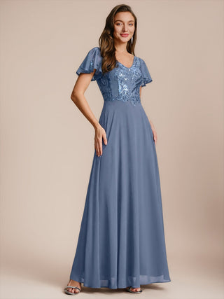 Short Sleeve Ruffle A-Line Maxi Dress with Deep V-Neck Appliques; Mother of the Bride Dresses