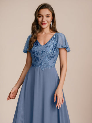 Short Sleeve Ruffle A-Line Maxi Dress with Deep V-Neck Appliques; Mother of the Bride Dresses