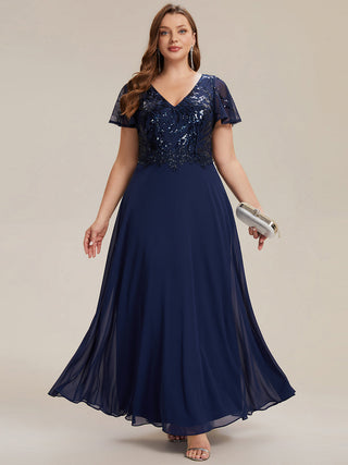 Short Sleeve Ruffle A-Line Maxi Dress with Deep V-Neck Appliques; Mother of the Bride Dresses