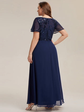 Short Sleeve Ruffle A-Line Maxi Dress with Deep V-Neck Appliques; Mother of the Bride Dresses