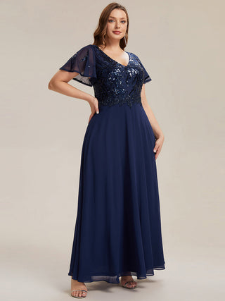 Short Sleeve Ruffle A-Line Maxi Dress with Deep V-Neck Appliques; Mother of the Bride Dresses