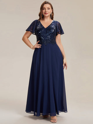 Short Sleeve Ruffle A-Line Maxi Dress with Deep V-Neck Appliques; Mother of the Bride Dresses