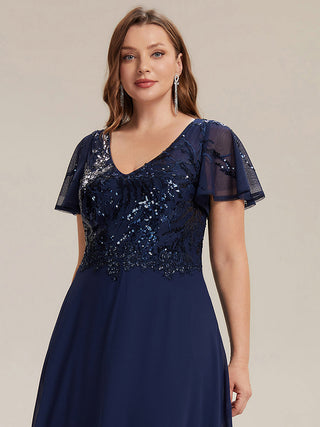 Short Sleeve Ruffle A-Line Maxi Dress with Deep V-Neck Appliques; Mother of the Bride Dresses