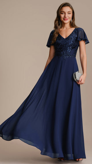 Short Sleeve Ruffle A-Line Maxi Dress with Deep V-Neck Appliques; Mother of the Bride Dresses