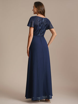 Short Sleeve Ruffle A-Line Maxi Dress with Deep V-Neck Appliques; Mother of the Bride Dresses