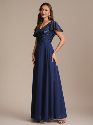 Short Sleeve Ruffle A-Line Maxi Dress with Deep V-Neck Appliques; Mother of the Bride Dresses