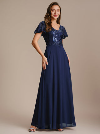 Short Sleeve Ruffle A-Line Maxi Dress with Deep V-Neck Appliques; Mother of the Bride Dresses