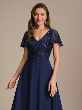 Short Sleeve Ruffle A-Line Maxi Dress with Deep V-Neck Appliques; Mother of the Bride Dresses