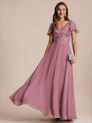 Short Sleeve Ruffle A-Line Maxi Dress with Deep V-Neck Appliques; Mother of the Bride Dresses