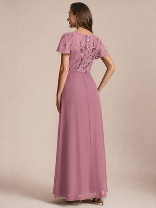Short Sleeve Ruffle A-Line Maxi Dress with Deep V-Neck Appliques; Mother of the Bride Dresses