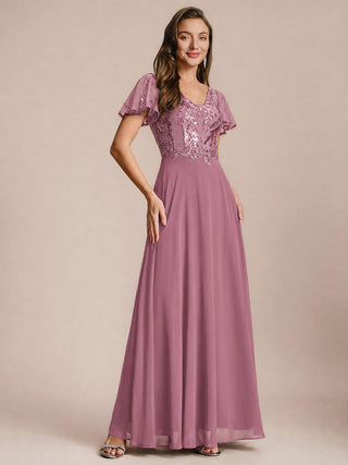 Short Sleeve Ruffle A-Line Maxi Dress with Deep V-Neck Appliques; Mother of the Bride Dresses