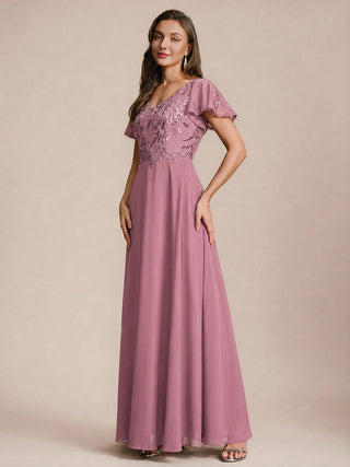 Short Sleeve Ruffle A-Line Maxi Dress with Deep V-Neck Appliques; Mother of the Bride Dresses