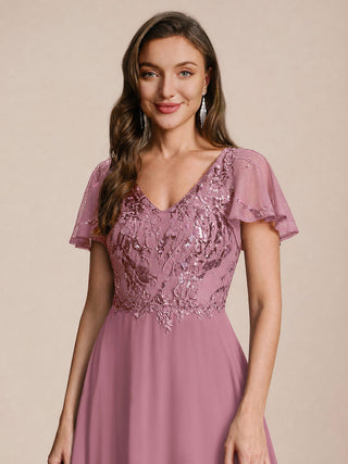 Short Sleeve Ruffle A-Line Maxi Dress with Deep V-Neck Appliques; Mother of the Bride Dresses