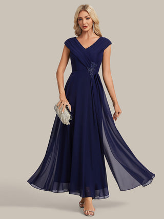 Plus Size Deep V-Neck Cap Sleeve Chiffon A-Line Mother of the Bride Dresses