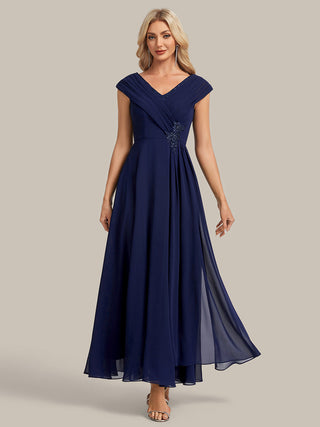 Plus Size Deep V-Neck Cap Sleeve Chiffon A-Line Mother of the Bride Dresses
