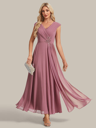 Plus Size Deep V-Neck Cap Sleeve Chiffon A-Line Mother of the Bride Dresses