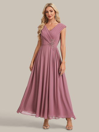 Plus Size Deep V-Neck Cap Sleeve Chiffon A-Line Mother of the Bride Dresses