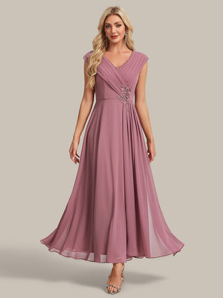 Plus Size Deep V-Neck Cap Sleeve Chiffon A-Line Mother of the Bride Dresses