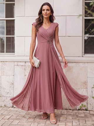 Plus Size Deep V-Neck Cap Sleeve Chiffon A-Line Mother of the Bride Dresses