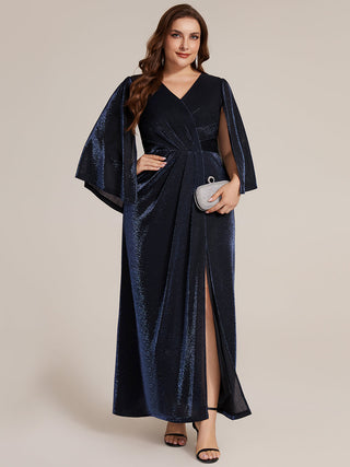 Three-Quarter Sleeve High Stretch Sheath Maxi Dress with 3D Draping; Mother of the Bride Dresses