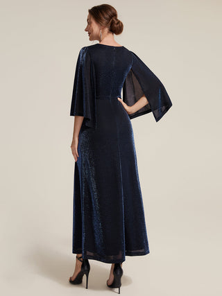 Three-Quarter Sleeve High Stretch Sheath Maxi Dress with 3D Draping; Mother of the Bride Dresses