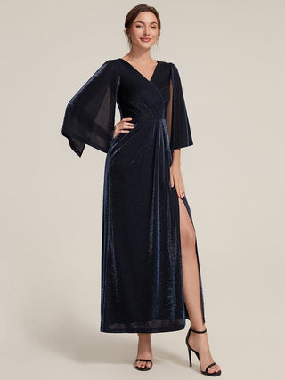 Three-Quarter Sleeve High Stretch Sheath Maxi Dress with 3D Draping; Mother of the Bride Dresses