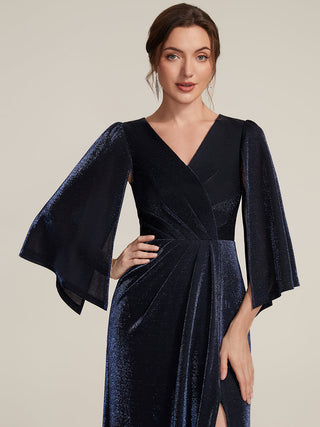 Three-Quarter Sleeve High Stretch Sheath Maxi Dress with 3D Draping; Mother of the Bride Dresses
