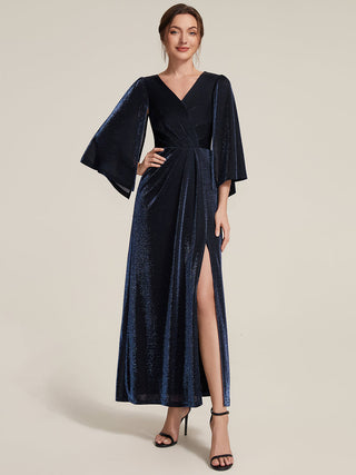 Three-Quarter Sleeve High Stretch Sheath Maxi Dress with 3D Draping; Mother of the Bride Dresses