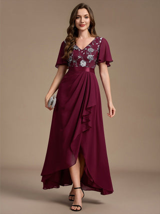 Sequined Ruffle Sleeve Chiffon Mother of the Bride Dress