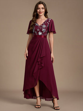 Sequined Ruffle Sleeve Chiffon Mother of the Bride Dress