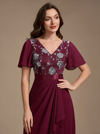 Sequined Ruffle Sleeve Chiffon Mother of the Bride Dress