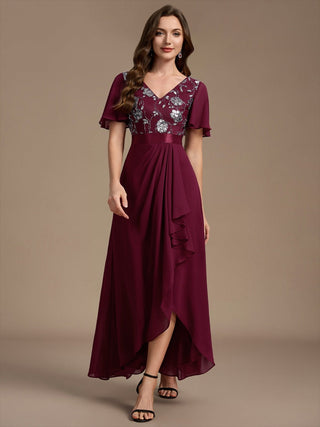 Sequined Ruffle Sleeve Chiffon Mother of the Bride Dress