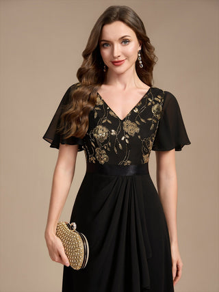 Sequined Ruffle Sleeve Chiffon Mother of the Bride Dress