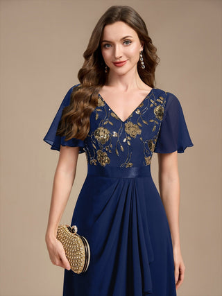 Sequined Ruffle Sleeve Chiffon Mother of the Bride Dress