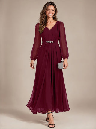 Pleating Chiffon Puff Sleeve Mother of the Bride Dress