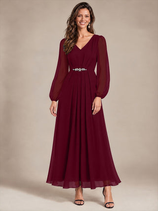 Pleating Chiffon Puff Sleeve Mother of the Bride Dress