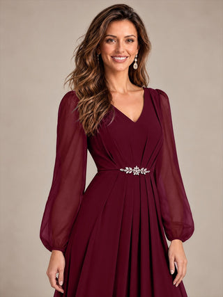 Pleating Chiffon Puff Sleeve Mother of the Bride Dress