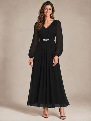 Pleating Chiffon Puff Sleeve Mother of the Bride Dress