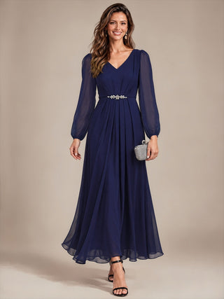 Pleating Chiffon Puff Sleeve Mother of the Bride Dress